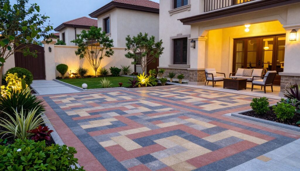 حديقة منزل فاخرة في الكويت مع بلاط متداخل ملون وتنسيق جميل