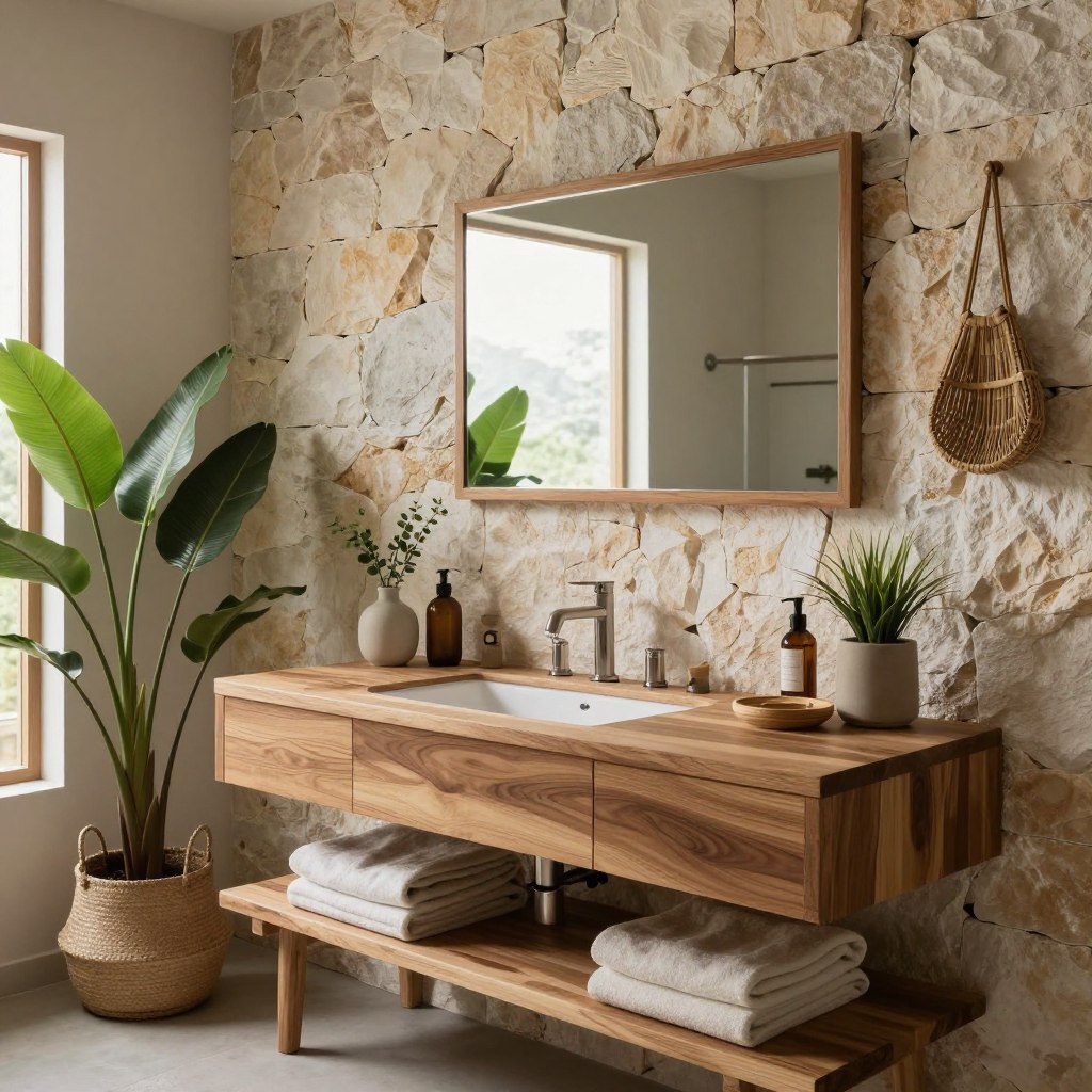 حمام بعناصر طبيعية خشبية وحجرية