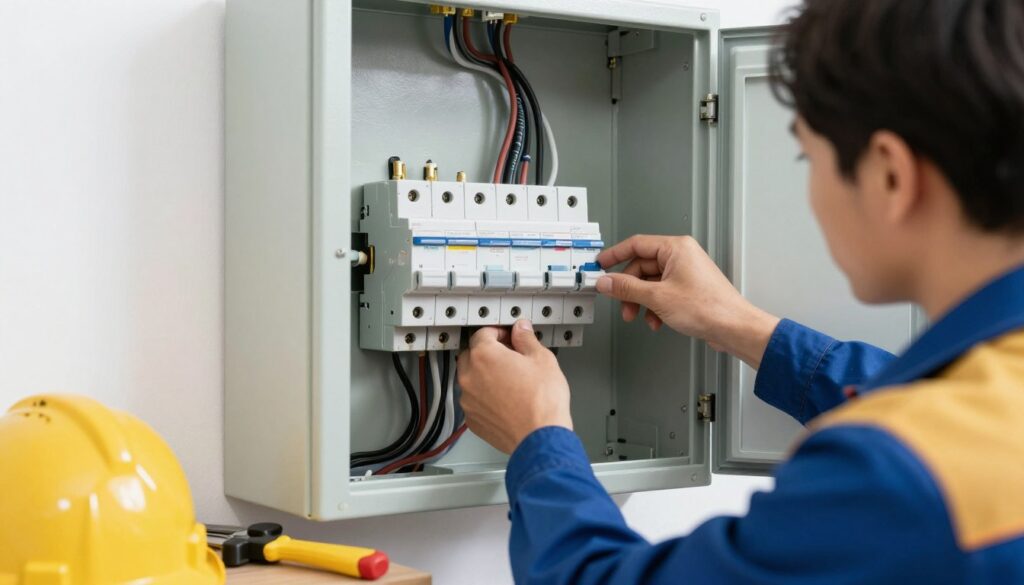 خدمات الكهرباء - فني كهرباء يعمل على تمديد الأسلاك