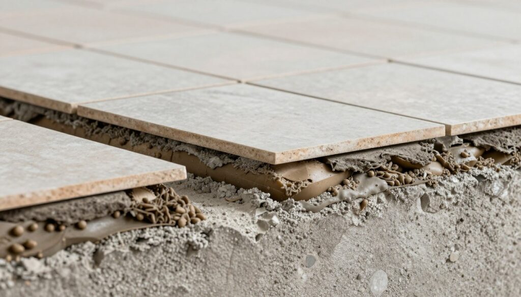 طبقات مختلفة من المواد اللاصقة تحت البلاط القديم