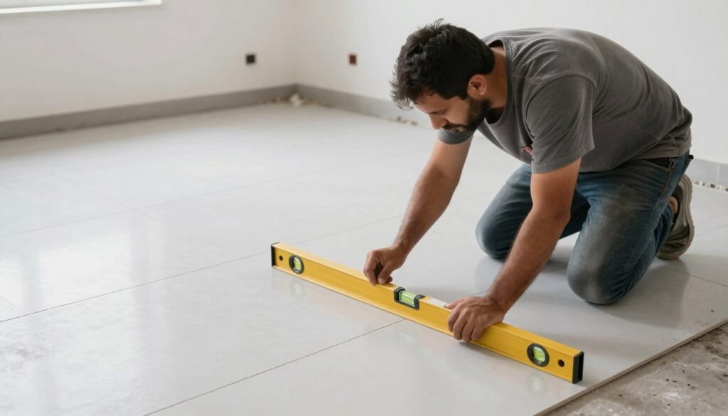 عامل ماهر يركب بلاط أرضي بدقة