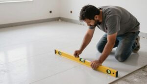 عامل ماهر يركب بلاط أرضي بدقة