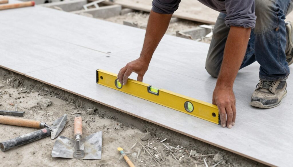 عامل يقوم بتسوية الأرضية قبل تركيب البلاط باستخدام أدوات احترافية