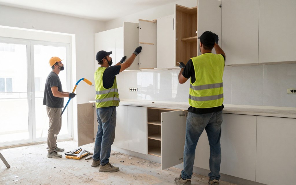 عمال يقومون بتكسير المطبخ