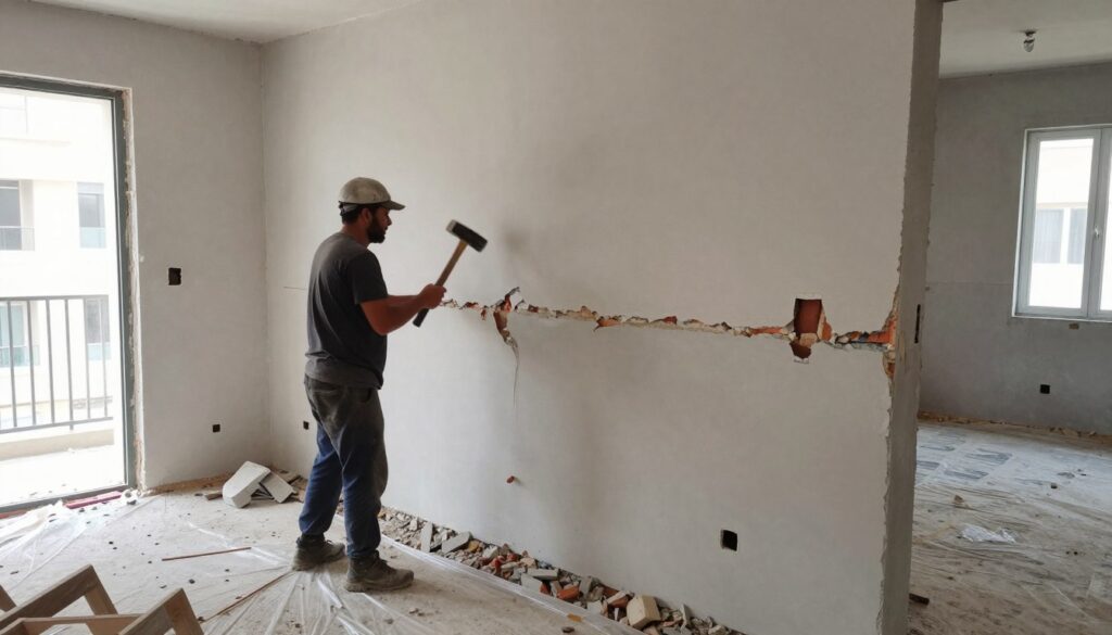 عملية تكسير حوائط داخلية في منزل تحت الترميم