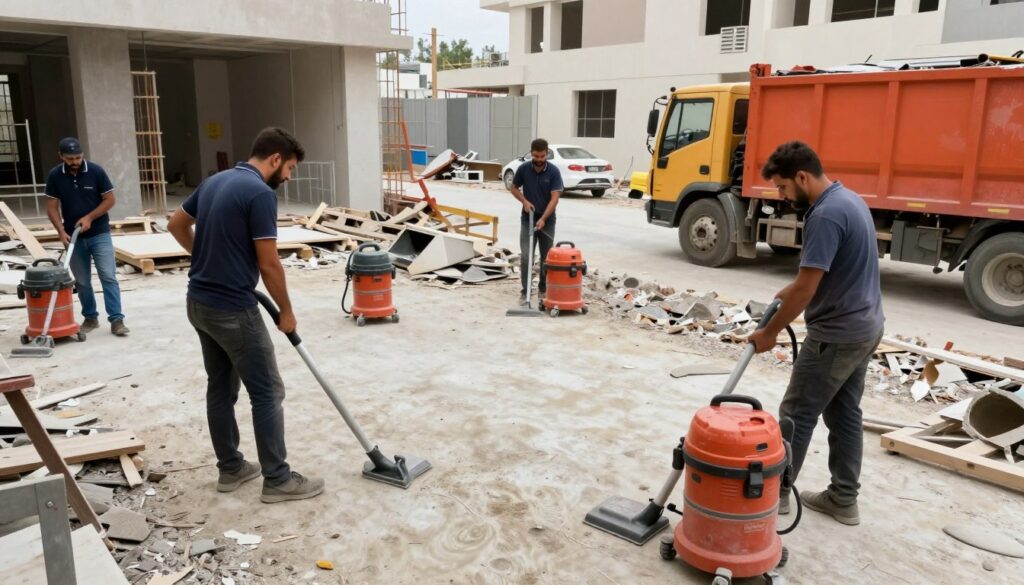 عملية تنظيف شاملة بعد تكسير الأرضية في موقع بناء بالكويت