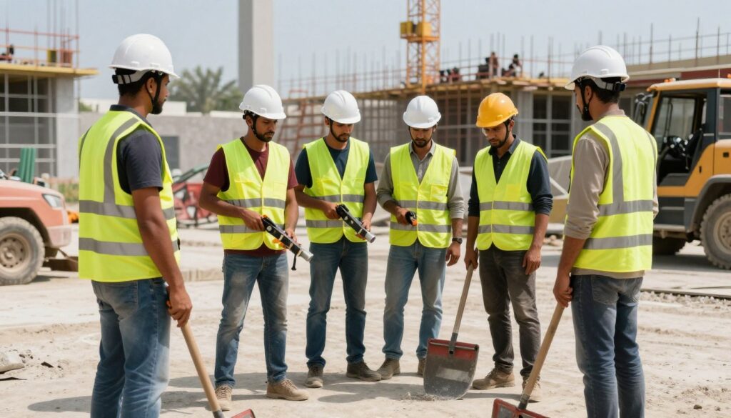 فريق عمل متخصص في هدم المباني بالكويت مع معدات السلامة