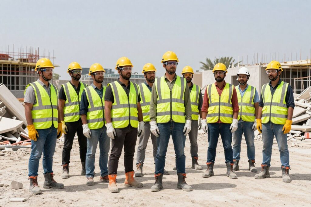 فريق عمل مجهز بمعدات السلامة الكاملة في موقع تكسير بالكويت