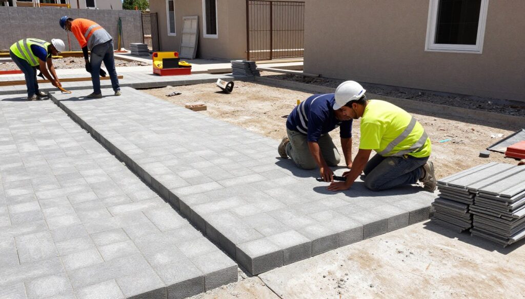 فريق عمل محترف يقوم بتركيب البلاط في موقع بناء في الكويت