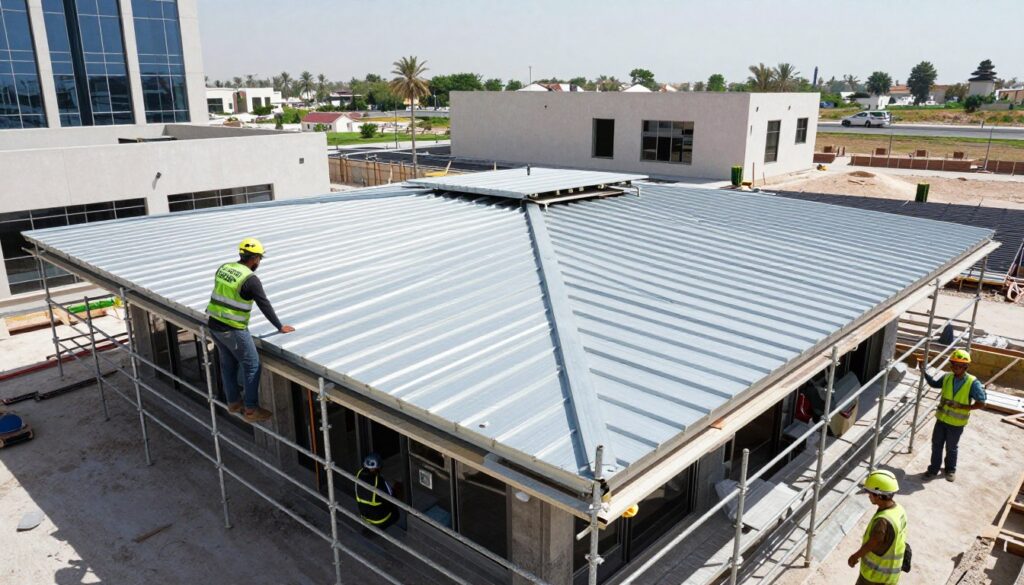 فريق عمل محترف يقوم بتركيب سقف كيربي في موقع بناء بالكويت