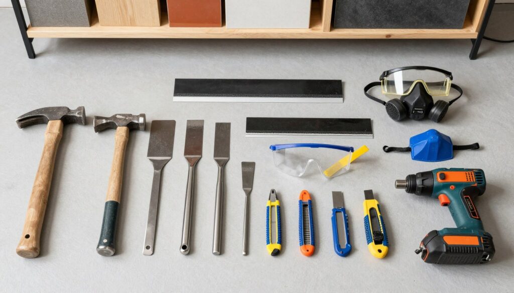 مجموعة كاملة من الأدوات المستخدمة في إزالة البلاط القديم