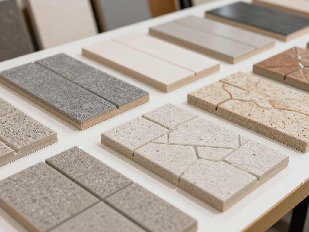 مجموعة من عينات البلاط عالي الجودة بألوان وأشكال مختلفة