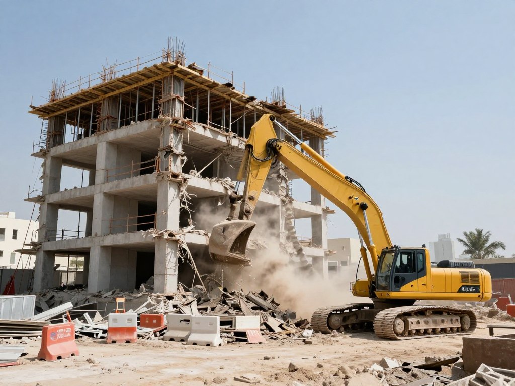مشروع هدم مبنى كامل في الكويت بمعدات ثقيلة