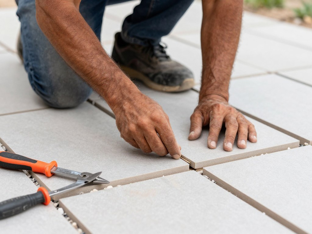 معلم بلاط خبير يقوم بتركيب بلاط متداخل بدقة في حديقة منزل