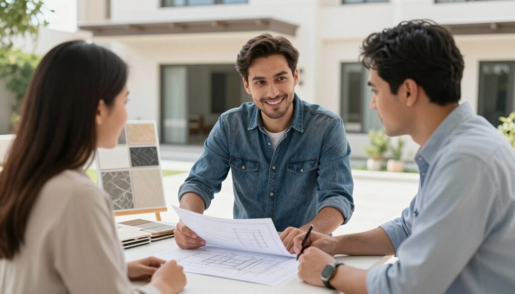 معلم بلاط محترف يناقش مع العميل خطة العمل والتصميم