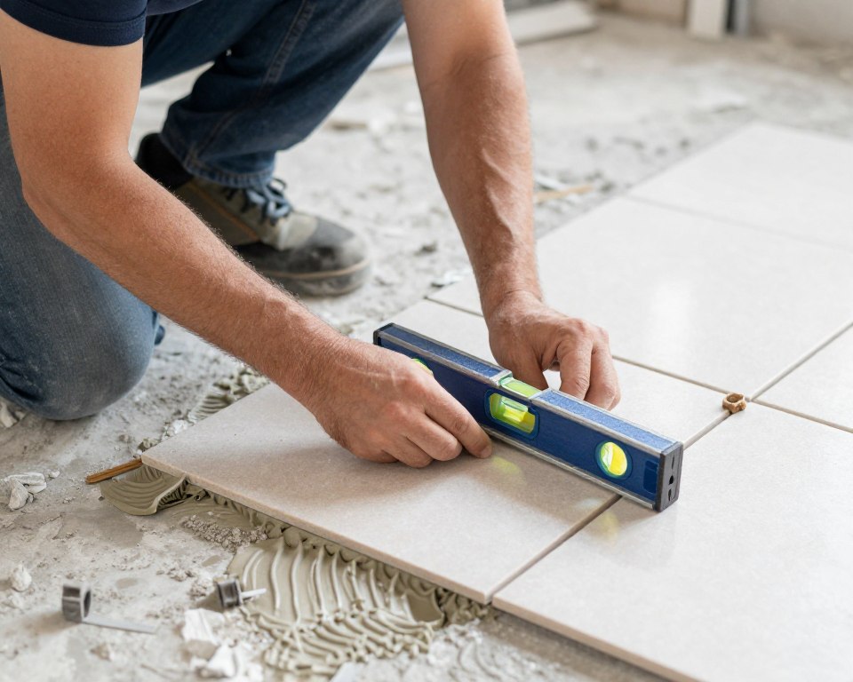 معلم بلاط يضع قطع البلاط بدقة ويفحص الاستواء