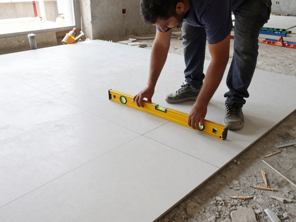 معلم بلاط يعمل على تركيب البلاط بشكل احترافي في موقع بناء