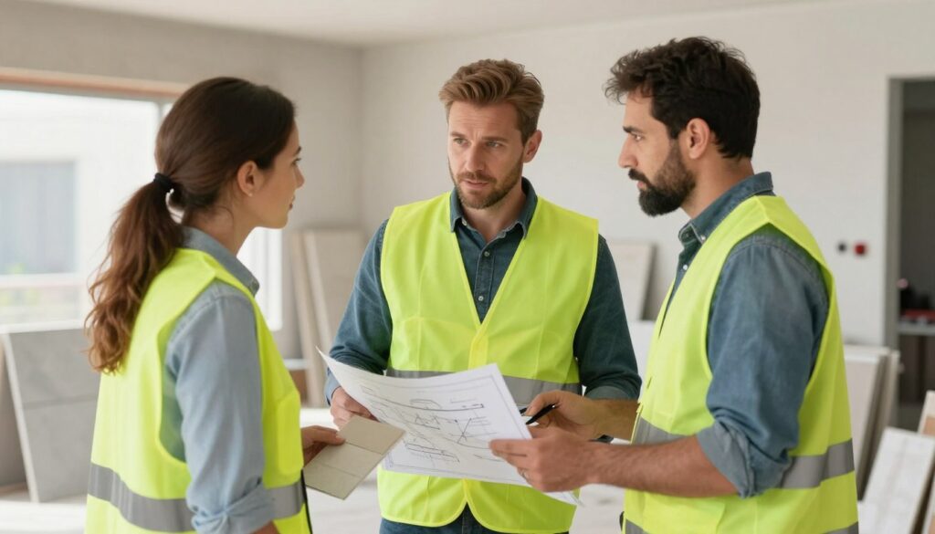 مقاول بلاط يناقش خطة العمل مع صاحب منزل في موقع البناء