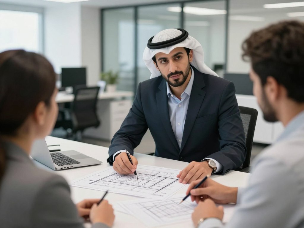 مقاول تشطيبات يناقش مخططات البناء مع عميل في الكويت