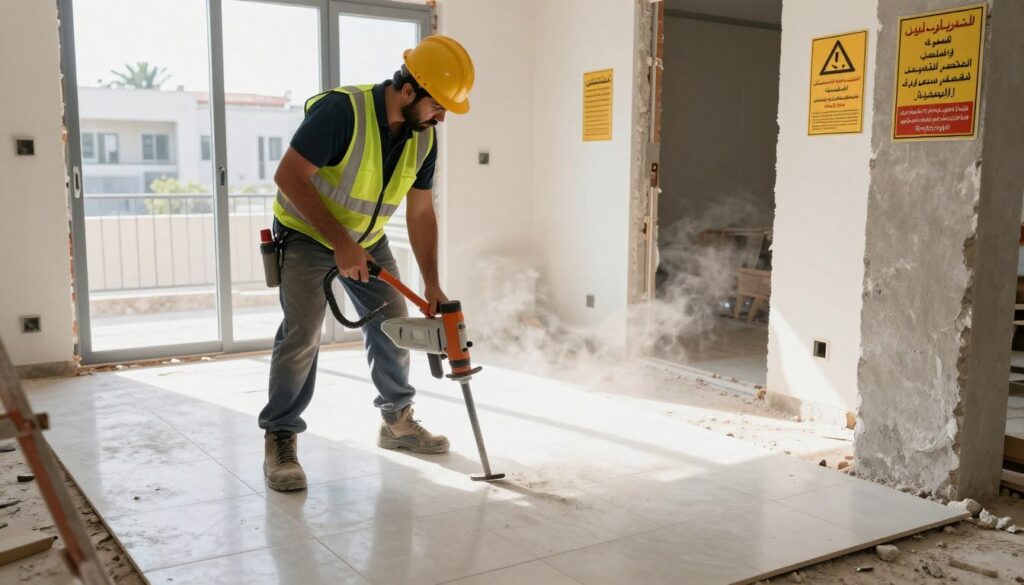 مقاول تكسير أرضيات يعمل بمعدات احترافية في موقع بناء في الكويت