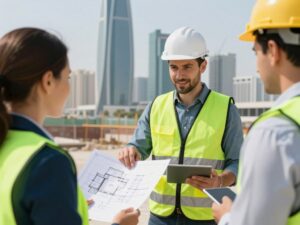 مقاول عام يعرض مخططات بناء لعميل في الكويت