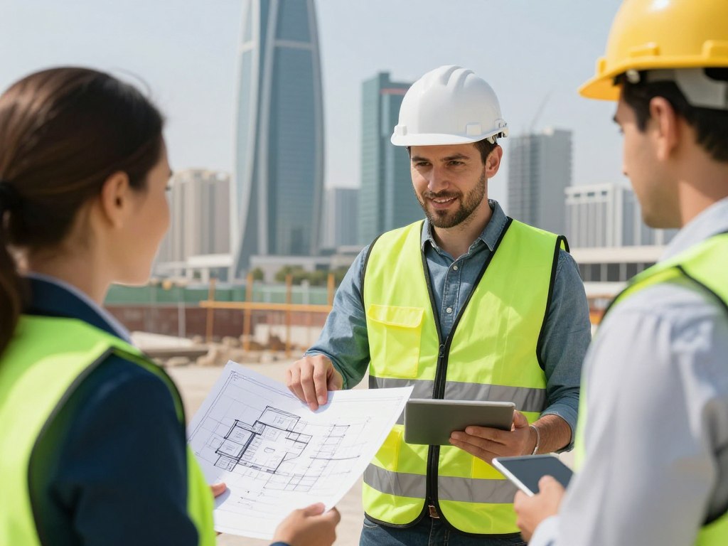 مقاول عام يعرض مخططات بناء لعميل في الكويت