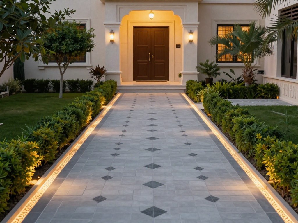 ممر حديقة مبلط يؤدي إلى باب المنزل مع إضاءة جانبية