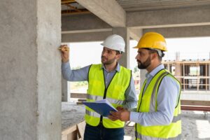 مهندس يفحص جودة أعمال التشطيب في موقع بناء مهندس يفحص جودة أعمال التشطيب في موقع بناء