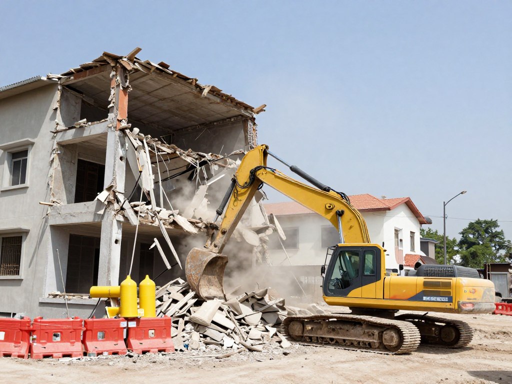 هدم مبنى سكني في الكويت باستخدام معدات متخصصة