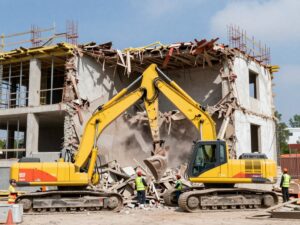 عمليات هدم وتكسير مبنى قديم بمعدات حديثة