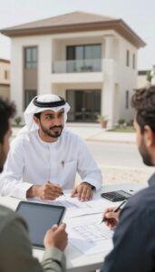عميل يناقش تفاصيل مشروع بناء مع مقاول في صباح الأحمد