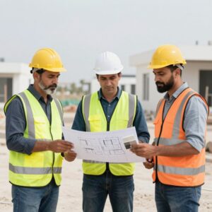 فريق عمل يراجع مشروع بناء منزل في المنقف فريق عمل يراجع مشروع بناء منزل في المنقف