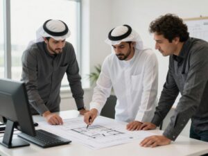 فريق مقاولات الخيران يراجع مخطط البناء فريق مقاولات الخيران يراجع مخطط البناء