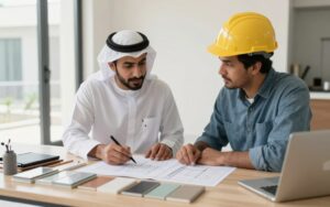 مالك منزل يناقش خطة البناء مع مقاول عام في الكويت