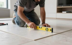 معلم تشطيب يركب بلاط السيراميك في منزل بالمهبولة