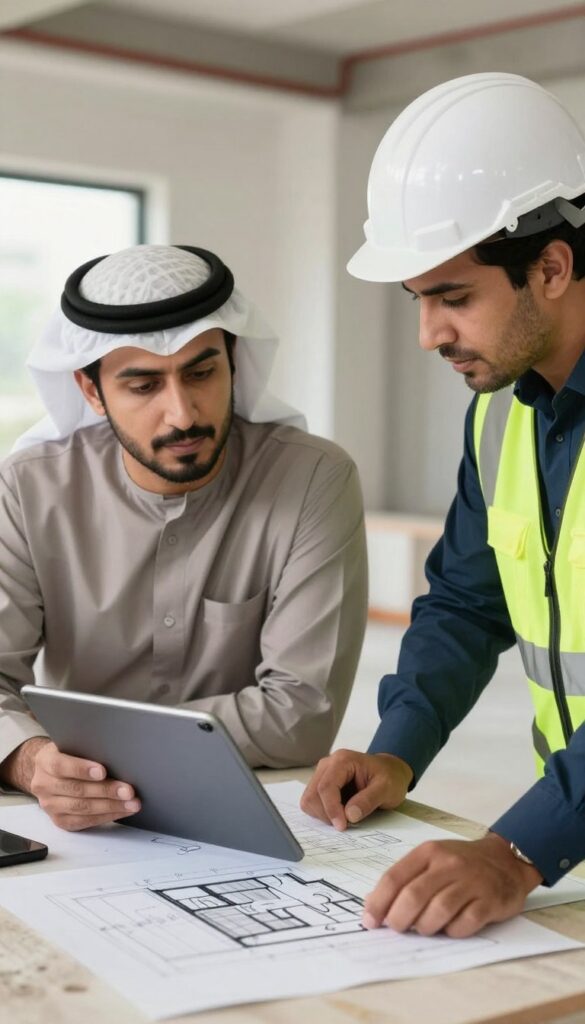 مقاول بناء المسيلة يناقش خطة مشروع مع مالك المنزل مقاول بناء المسيلة يناقش خطة مشروع مع مالك المنزل