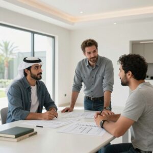 مقاول بناء صباح السالم يناقش تسليم مشروع مع مالك المنزل