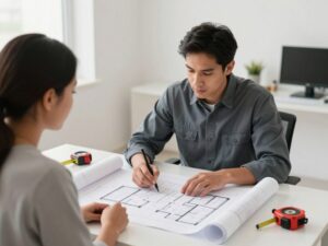 مقاول بناء ملاحق يراجع التصميم